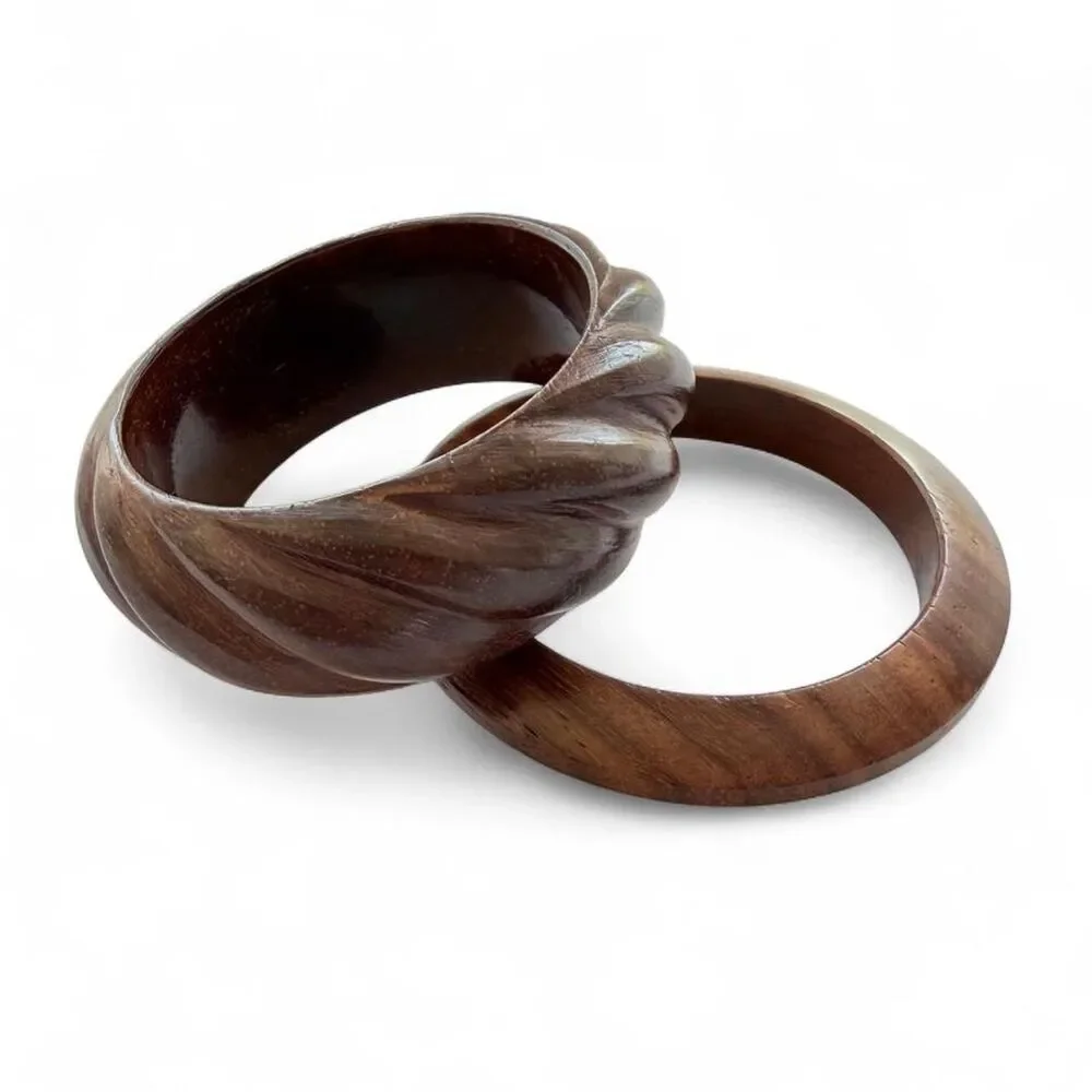 Vintage Hand-Carved Wooden Bangle Stack Set (2pcs)